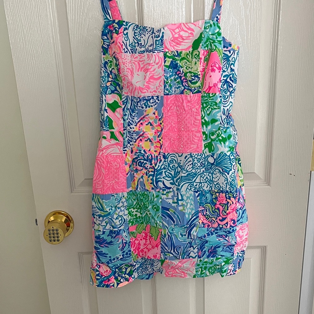 Lilly Pulitzer Patchwork Print Sleeveless Romper — Pink, Blue, Green